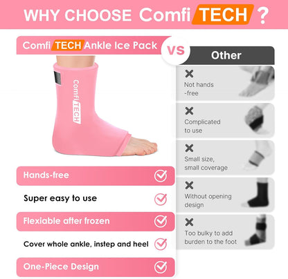 ComfiTECH Ankle Ice Pack Wrap, Large Opening for Foot & Heel, L, Pink | Pliable After Frozen, Eases Ankle Sprains, Heel Soreness & Foot Swelling