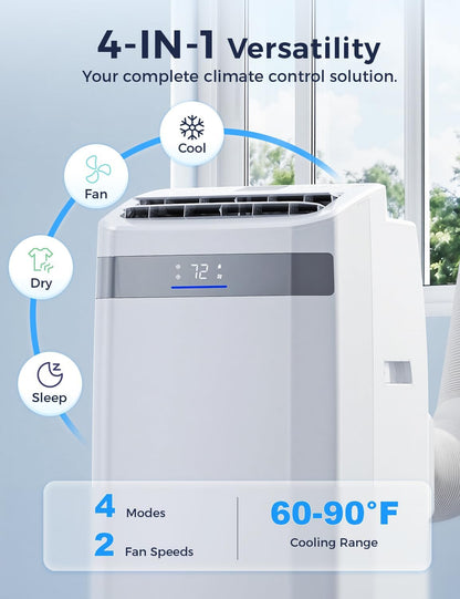14000BTU Portable Air Conditioner, 4-in-1 700 Sq. Ft, Quiet for room | 14000BTU AC cools 700sq.ft, 4-in-1 cool/fan/dry/sleep, quiet, LED, remote, 24H timer, kit, for bed/office/dorm.