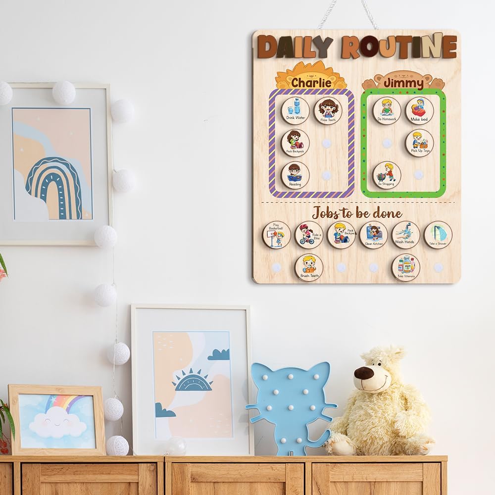 TinyKidz Wooden Daily Routine Chart 11x15, Schedule Board for Kids, Wooden Chore Chart for Kids, Responsibilities Chart for Toddlers, Morning Bedtime Routine for Toddlers