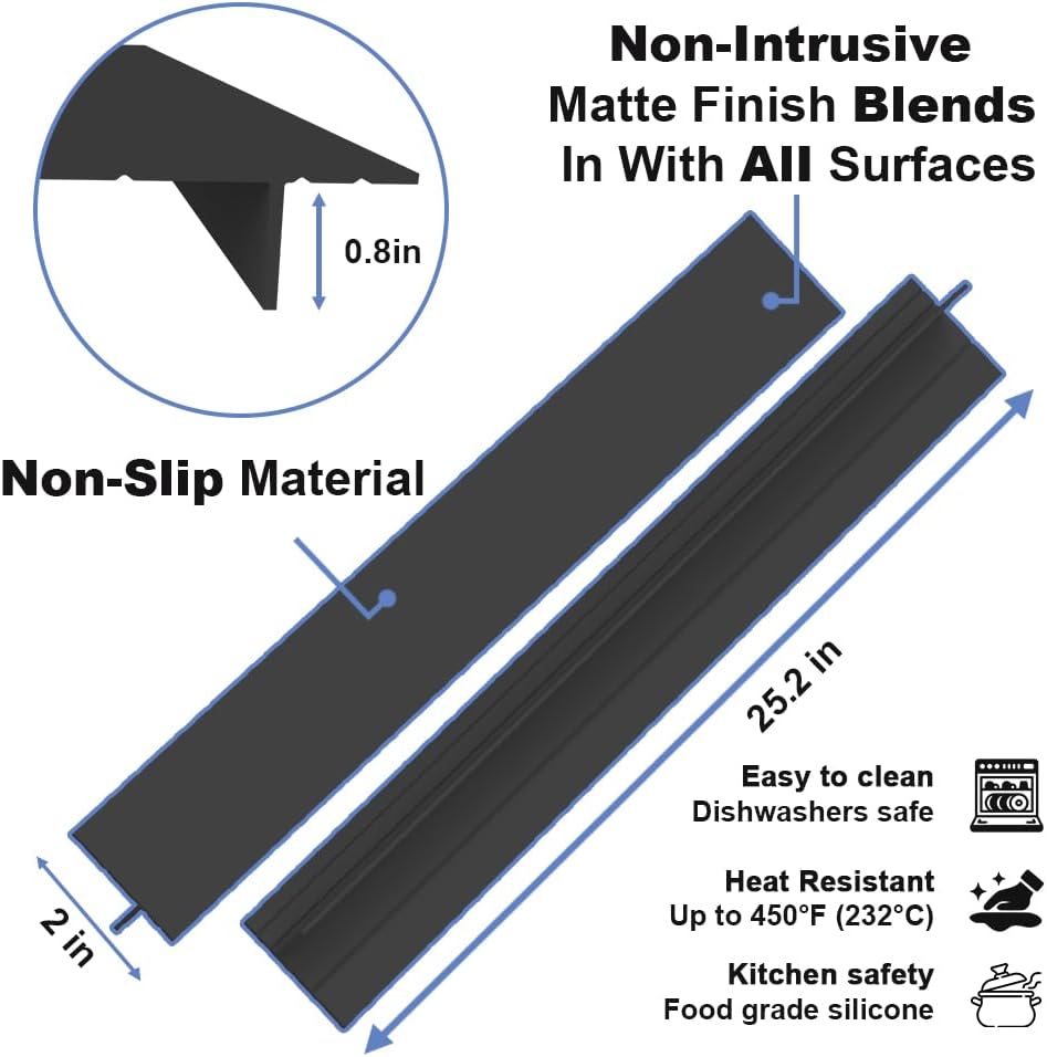 Silicone Stove Counter Gap Cover 30 Inch Side Range Gap Filler 2 Pack Black | Extra long kitchen stove gap covers, 0.2-1 inch gap, heavy 10 oz, cut to size, oven crack guards between stove and counter