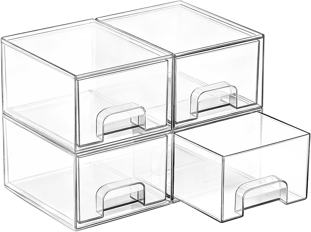 Vtopmart 4 Pack Small Clear Stackable Storage Drawers, Fits Narrow Spaces | Multi-Use Plastic Bins for Bathroom Cabinet Organizer, Makeup, Desk, Vanity, Undersink, Medicine ,Keeps Small Items Organized