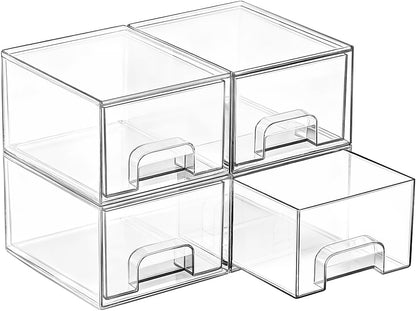 Vtopmart 4 Pack Small Clear Stackable Storage Drawers, Fits Narrow Spaces | Multi-Use Plastic Bins for Bathroom Cabinet Organizer, Makeup, Desk, Vanity, Undersink, Medicine ,Keeps Small Items Organized