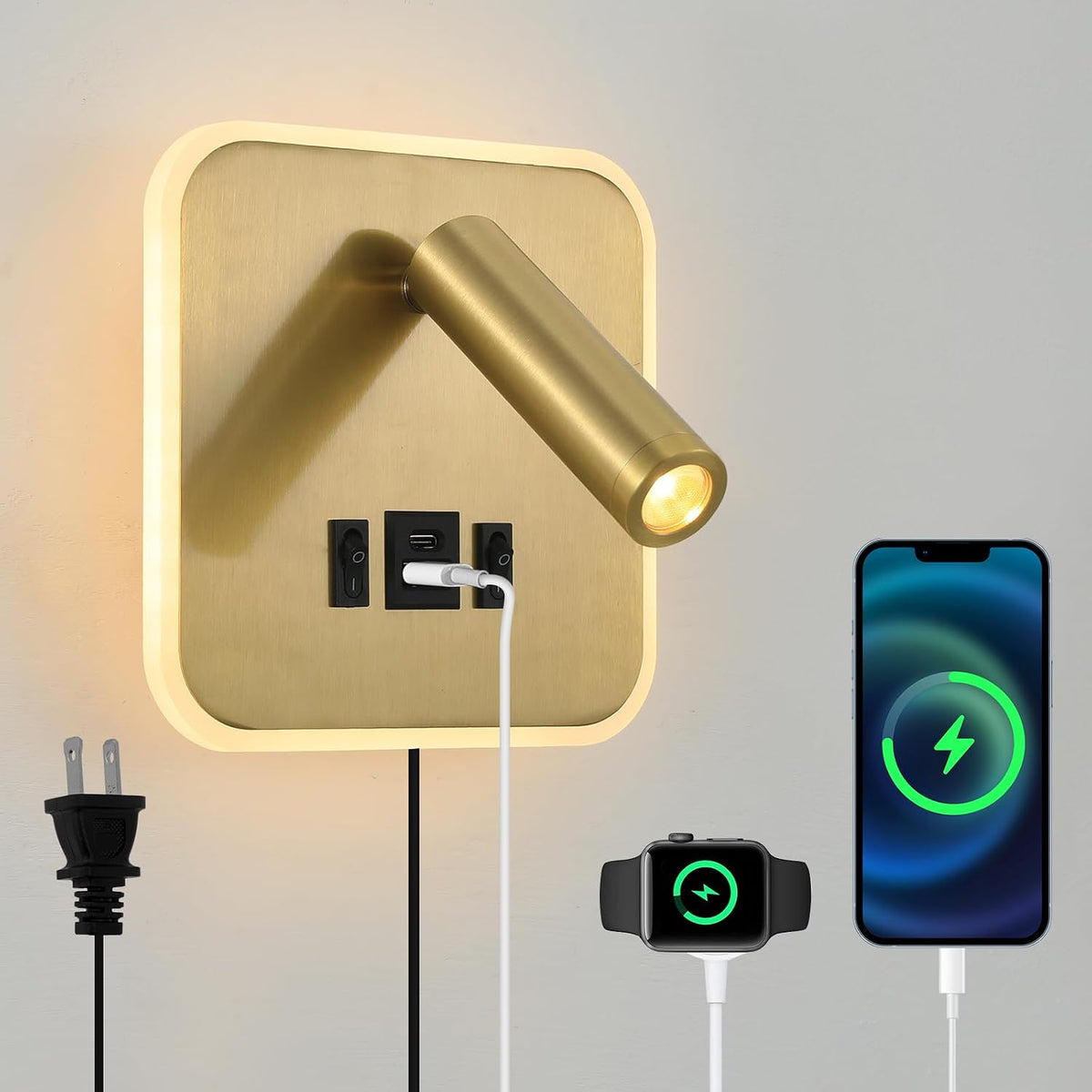 Wall Sconce Plug in with Wall Mounted Reading Lights,Modern Wall Lamp for Bedroom with Charging Station USB C+A Ports,Headboard Bedside Lamps with 3W+9W Night Light,3 Color Temperature