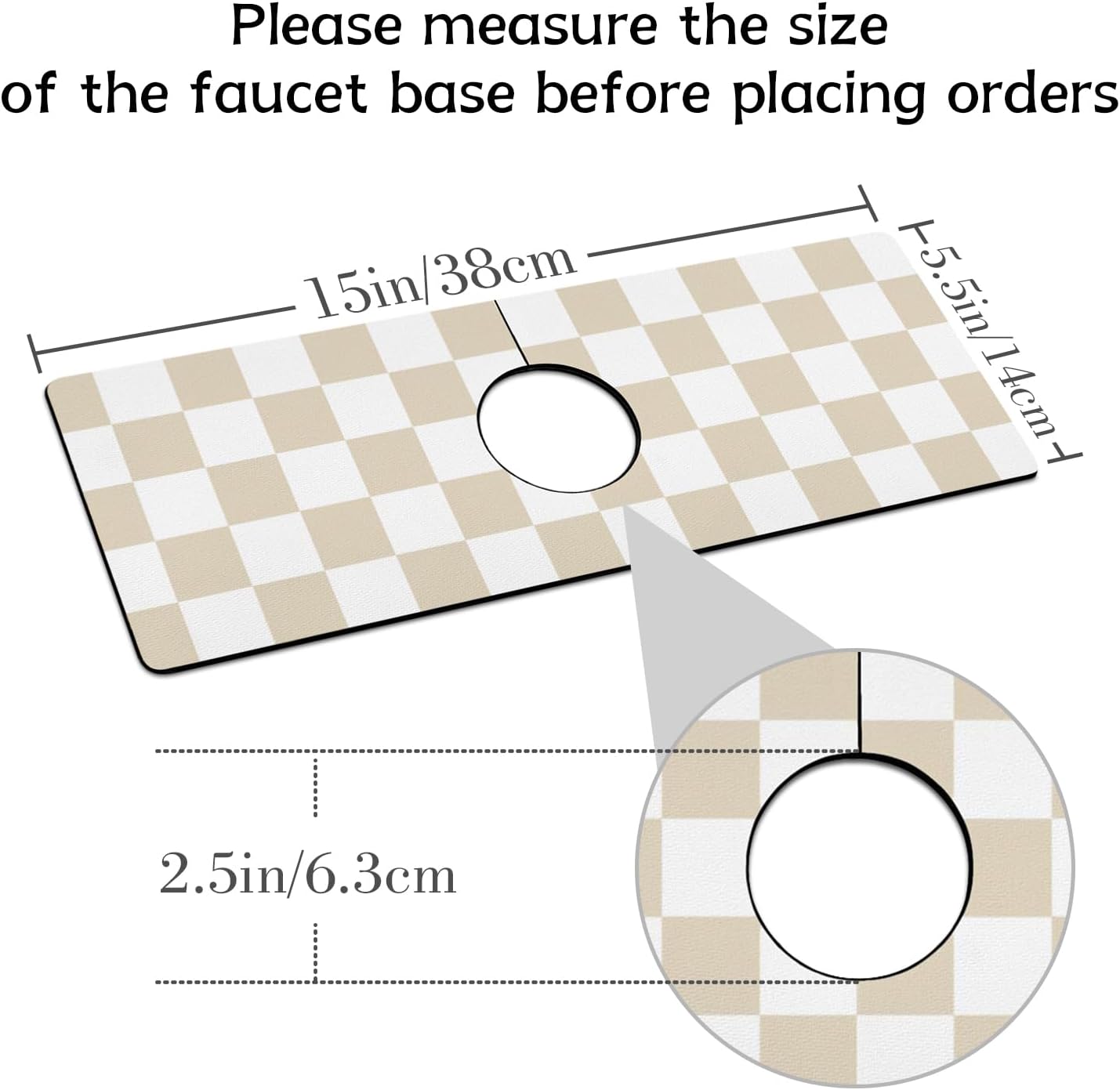 Light Brown White Checkered Kitchen Sink Splash Guard Faucet Mat,Faucet Non-Slip Absorbent Mat,Farmhouse Sink Splash Guard Behind Faucet for Kitchen Bathroom, 15"x5.5"
