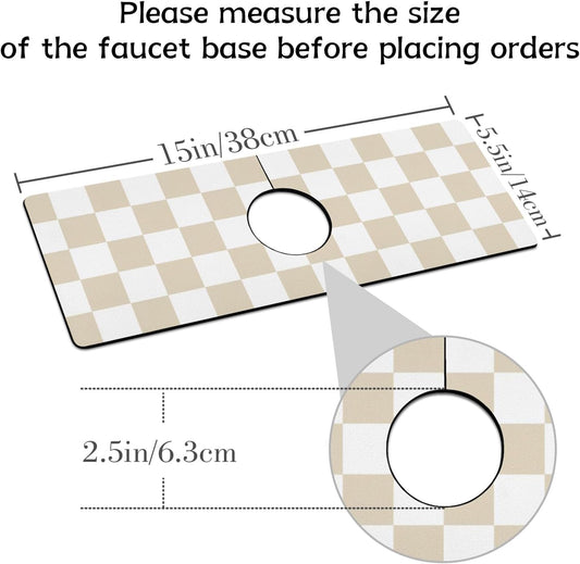 Light Brown White Checkered Kitchen Sink Splash Guard Faucet Mat,Faucet Non-Slip Absorbent Mat,Farmhouse Sink Splash Guard Behind Faucet for Kitchen Bathroom, 15"x5.5"