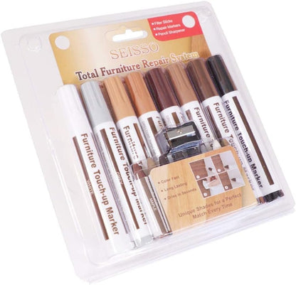 DEWEL Furniture Touch Up Markers, 17-Piece Wood Repair Kit with Wax Sticks | 8 Wood Touch Up Markers + 8 Wax Filler Sticks + Sharpener; Maple, Oak, Cherry, Walnut, Mahogany, White, Gray & Black