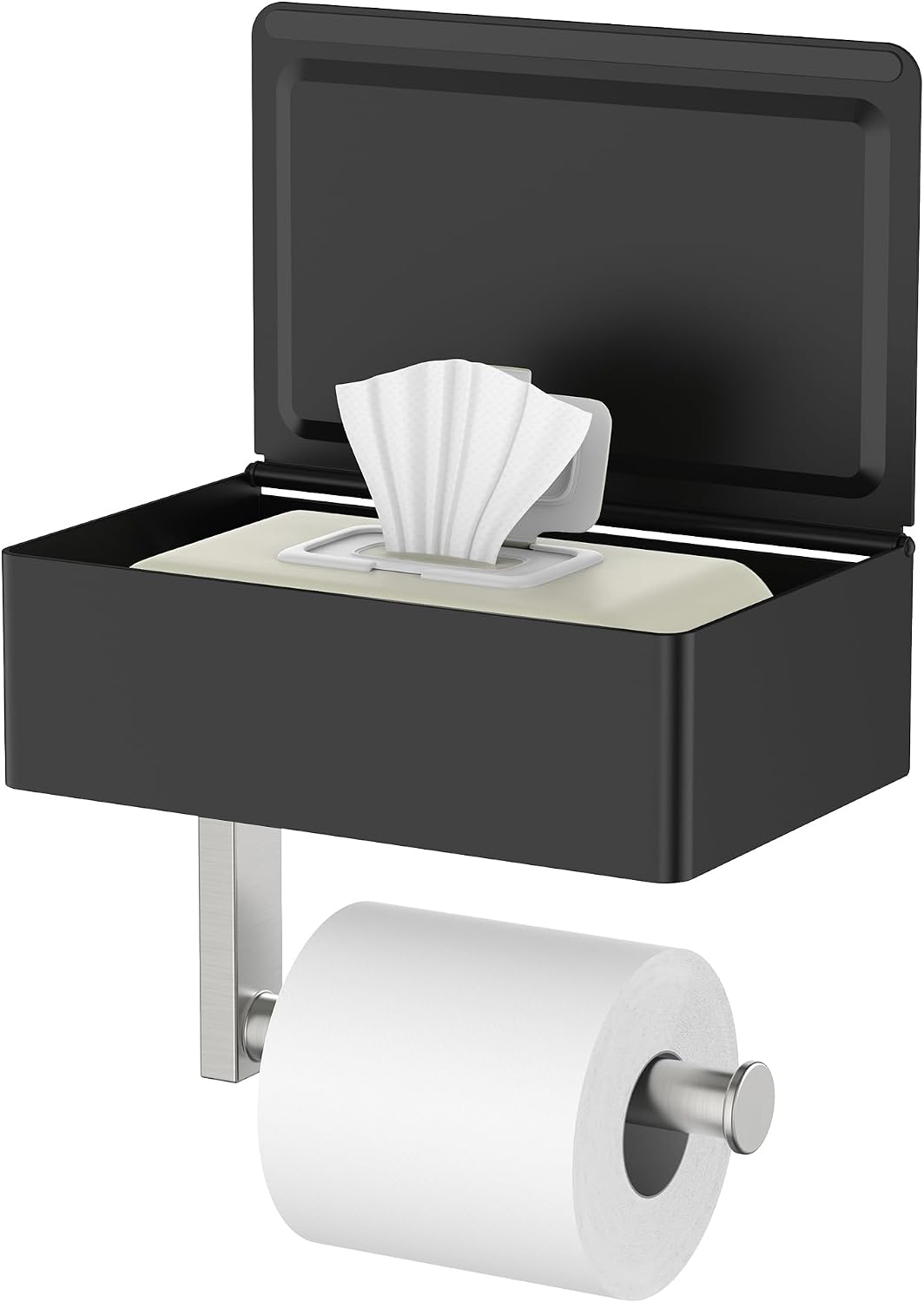 FORIOUS Toilet Paper Holder with Shelf, Wall-Mounted Modern Wipes Dispenser | Brushed Nickel | Toilet Paper Holder with Storage for Bathroom | Fits Wipes, Sanitary Napkin, Tampon | 8.0"x5.3" Large Shelf