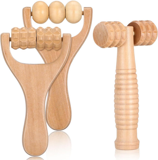 Wooden Massage Roller Tool Set Handheld Foot and Body Massager for Neck Shoulder and Muscle Portable 5.90X3.14X1.18In Wood Massager Wood Massage Tools Wooden, 3 PCS