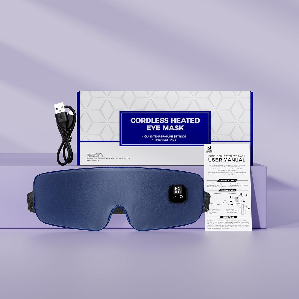 Aroma Season Silk Heated Eye Mask Cordless, 1500mAh Warm Eye Compress for Dry Eyes, Blepharitis, 4 Time Levels and 4 Temperature Settings, Washable (Navy Blue)