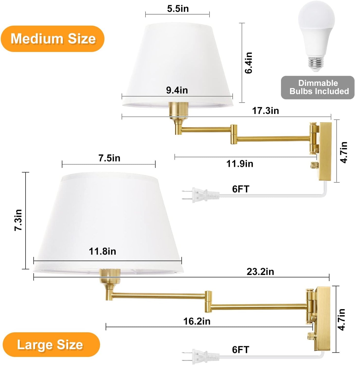 TRLIFE Wall Sconce Plug in, Dimmable Wall Sconces Set of Two Swing Arm Wall Lights with Plug in Cord and On/Off Dimmer Rotary Switch, 9.4" Medium Beige Fabric Shade(2 Pack, 2 Bulbs)