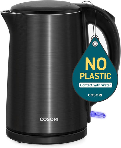 Cosori Stainless Steel Electric Kettle, Plastic-Free Interior, 1.5L, Black | Cool-Touch Double-Wall, Auto Shut-Off, Boil-Dry Protection, Tea Kettle, Hot Water Boiler, 1500W