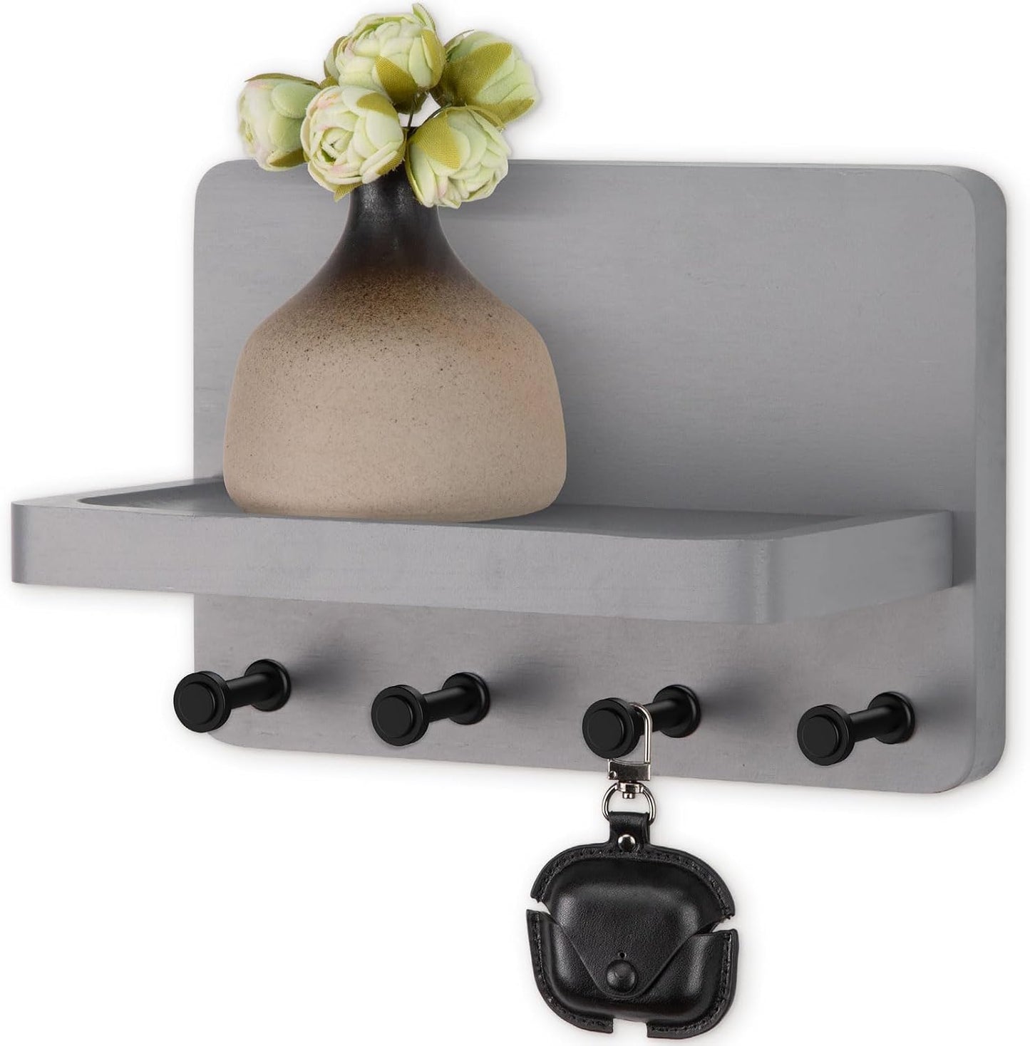 Nekon Key Holder for Wall with Shelf, Pine Wooden Key Hanger, Black | Small Wall Mounted Key Holder with 4 Hooks, Farmhouse Wall Organizer for Home Entryway & Apartment