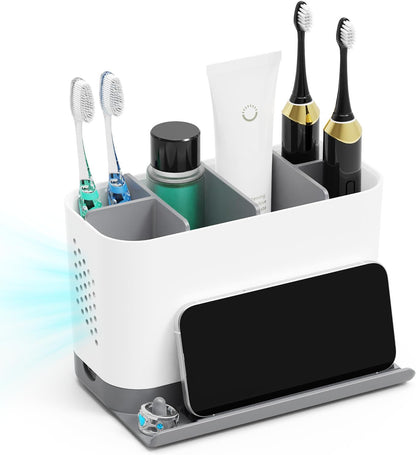 Bathroom Organizers and Storage 6 Slots Wood Grain Electric Toothbrush Holders with Phone Holder and Adjustable Dividers, Cord-Friendly Toothbrush Organizer with Drainage for Family, Kids