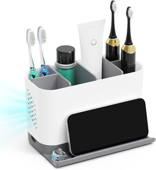 Bathroom Organizers and Storage 6 Slots Wood Grain Electric Toothbrush Holders with Phone Holder and Adjustable Dividers, Cord-Friendly Toothbrush Organizer with Drainage for Family, Kids