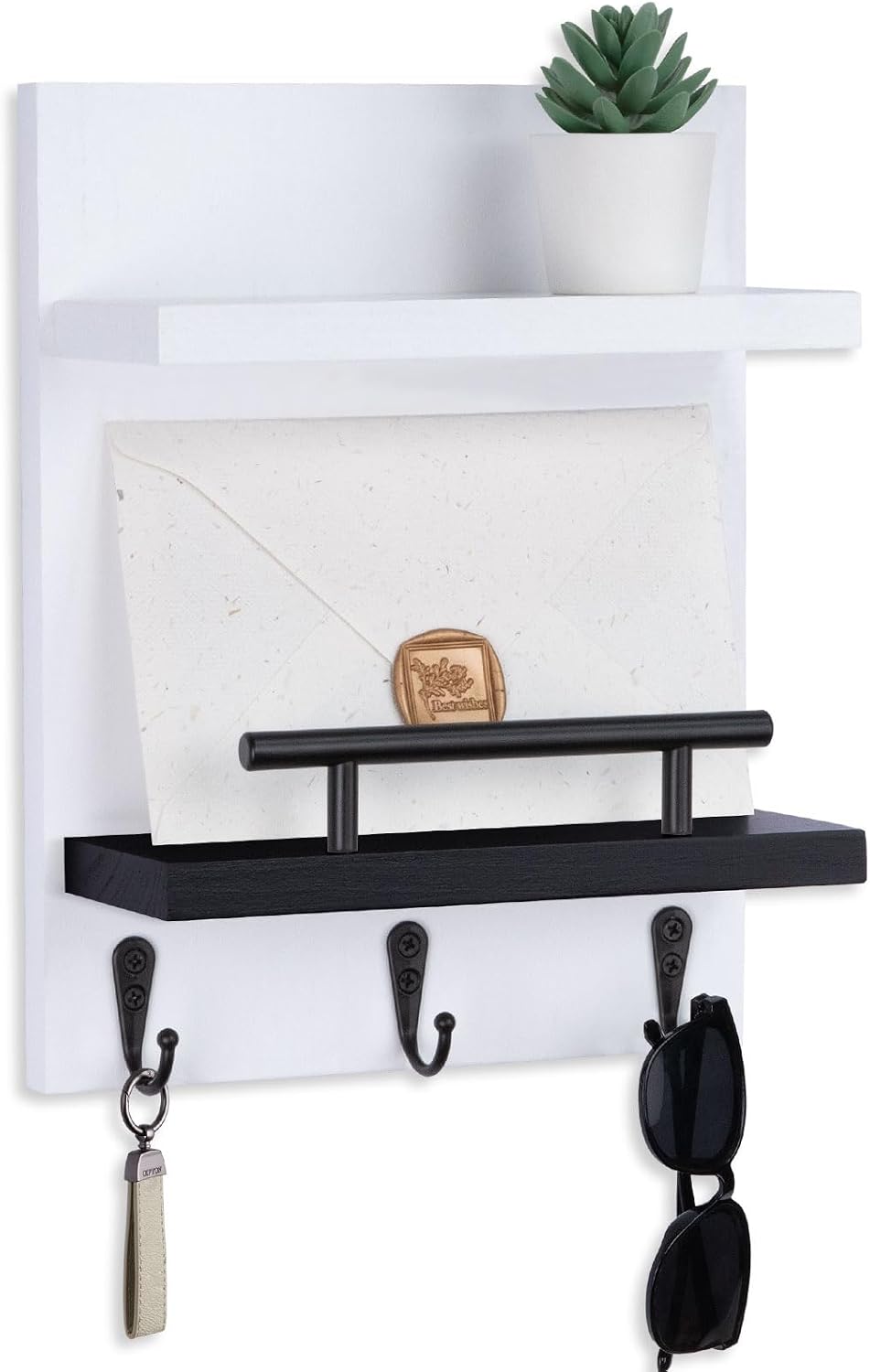 Key Holder Wall Mount, Mail Shelf Decor with 3 Key Hooks, Versatile Wood Wall Organizer for Entryway Hallway (8.2” x 10.6”x 3.6”) (White) | Farmhouse Key Hanger Holds Dog Leash, Sunglasses – Decorative Mail Organizer Home Decor