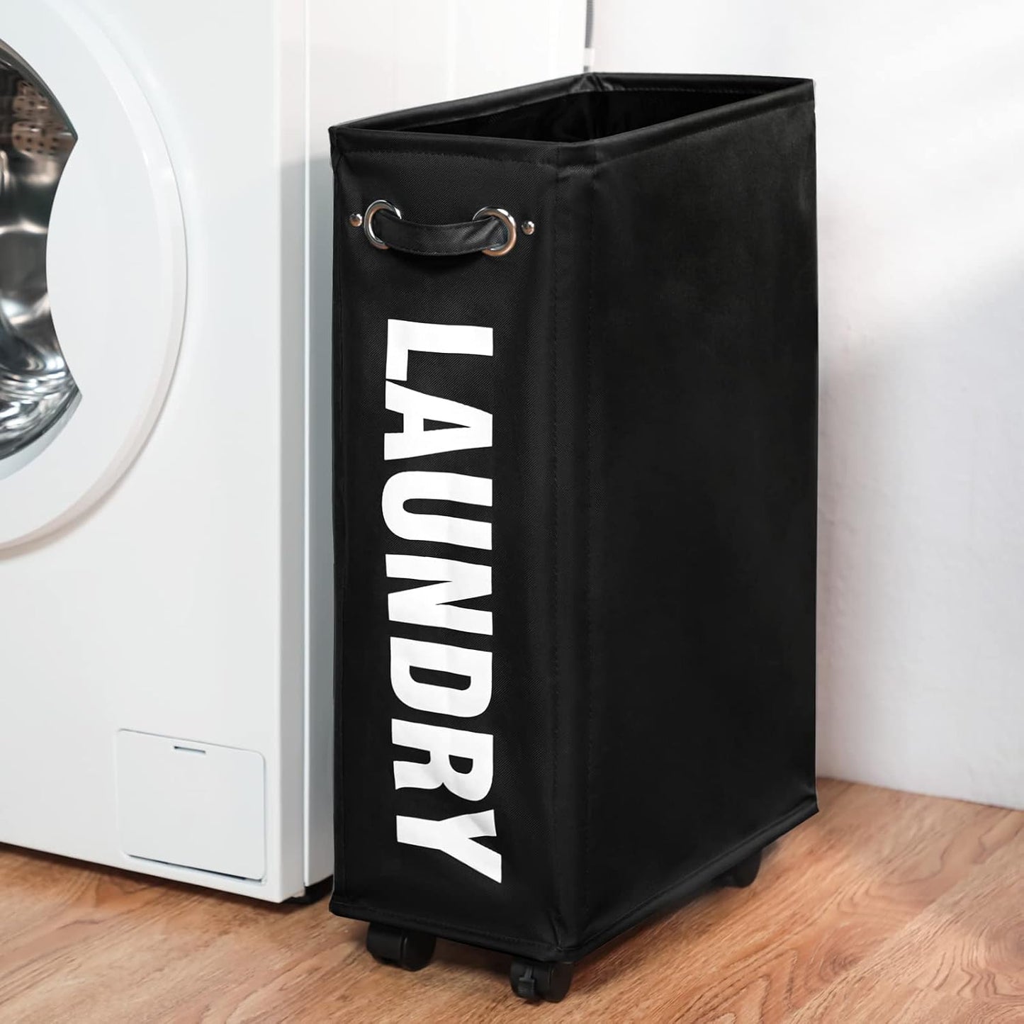 DOKEHOM 25" Slim Rolling Laundry Basket Hamper, Narrow on Wheels, Grey | Collapsible narrow laundry hamper with mesh drawstring closure. Foldable corner clothes storage bin for small spaces