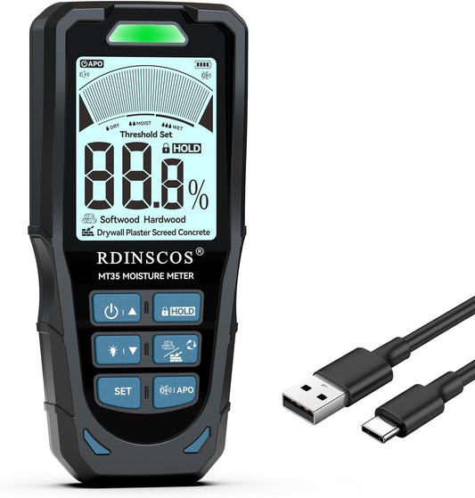 Pinless Moisture Meter for Wall,Floor – Digital Moisture Tester | With 3-Color LCD Display, Audible Alarm & HOLD Function, Ideal for Home Inspections