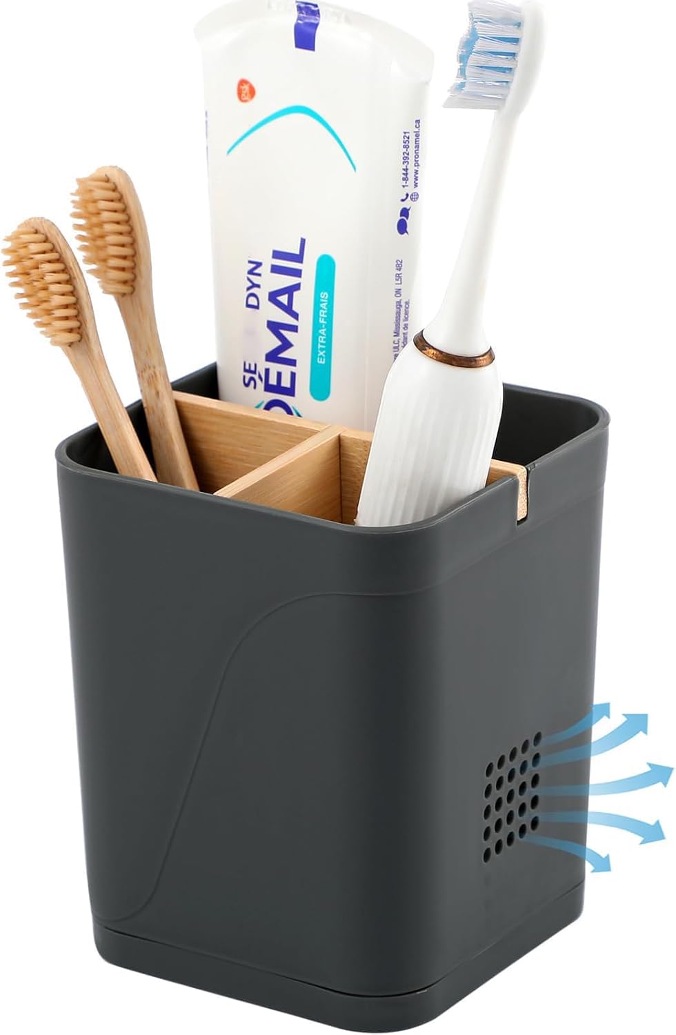 Electric Toothbrush Holder Tooth Brush and Toothpaste Organizer, Black | 3 Slots, Drainage Holes, Removable Bamboo Divider, Ventilation Design, Space-Saving, for Bathroom Countertop, Shower, Vanity