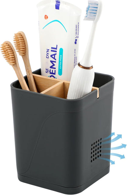 Electric Toothbrush Holder Tooth Brush and Toothpaste Organizer, Black | 3 Slots, Drainage Holes, Removable Bamboo Divider, Ventilation Design, Space-Saving, for Bathroom Countertop, Shower, Vanity