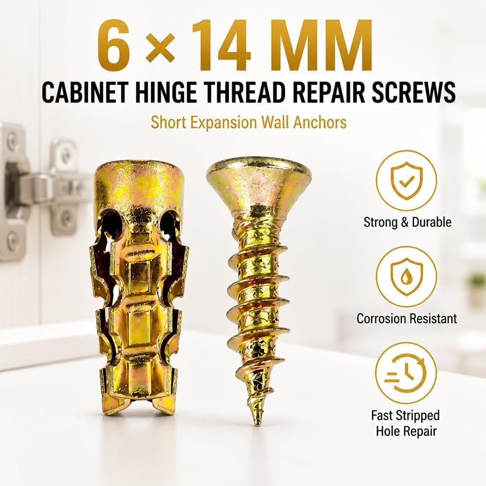 6×14mm Short Expansion Screw Set for Cabinet Hinge Repair & Stripped Thread Restoration,Secure Cabinet Door Fastening, Suitable for Tile Stone Wood and More (30pcs)