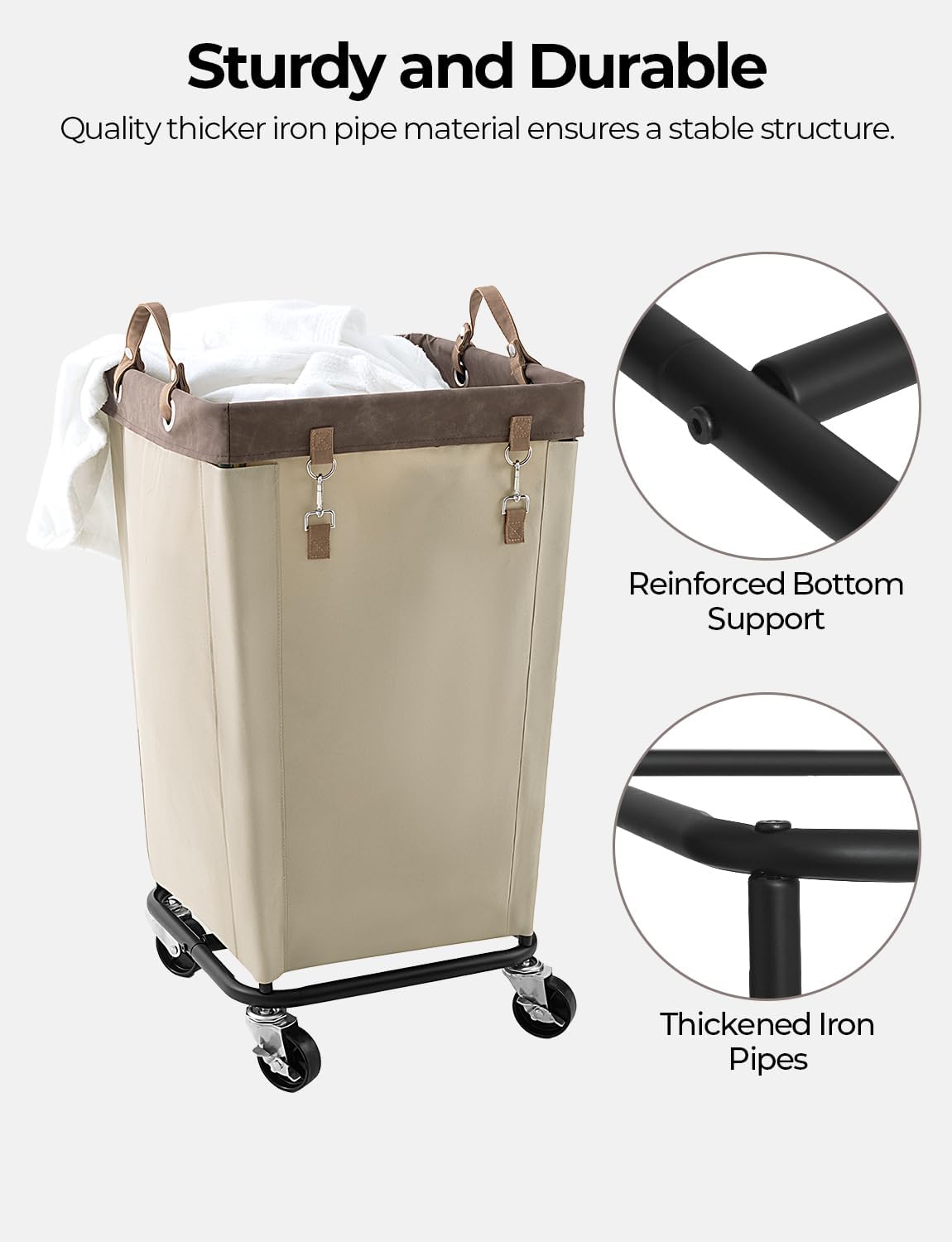 StorageWorks 160L Laundry Basket with Wheels, Rolling Hampers for Clothing | Beige Laundry Basket with Wheels, Metal Frame & Handles, Rolling Hamper for Bedroom, Bathroom, Dorm, Hotel