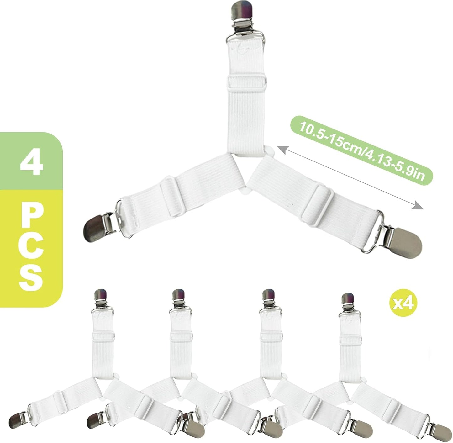 4 Pack Triangle Bed Sheet Holder Straps, Adjustable Mattress Sheet Fasteners and Clips for Fitted Sheets, Elastic Sheet Grippers Suspenders for Twin, Full, Queen, King Size Beds, White