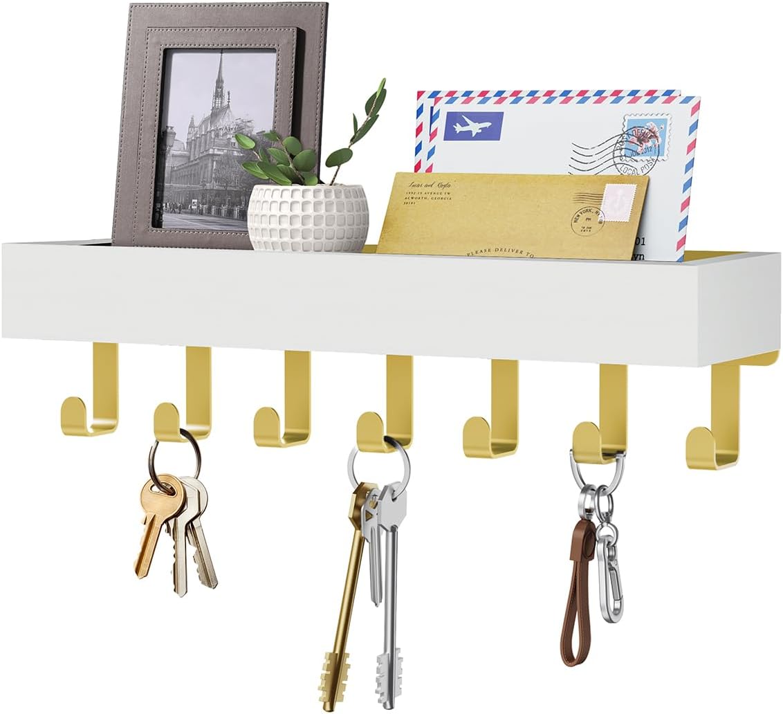 Key Holder Wall Mount Magnetic Adhesive, Key Hooks Rack with Shelf | Key Hanger with Mail Organizer for RV Camper Fridge Living Room Decor, Home Essentials, Black