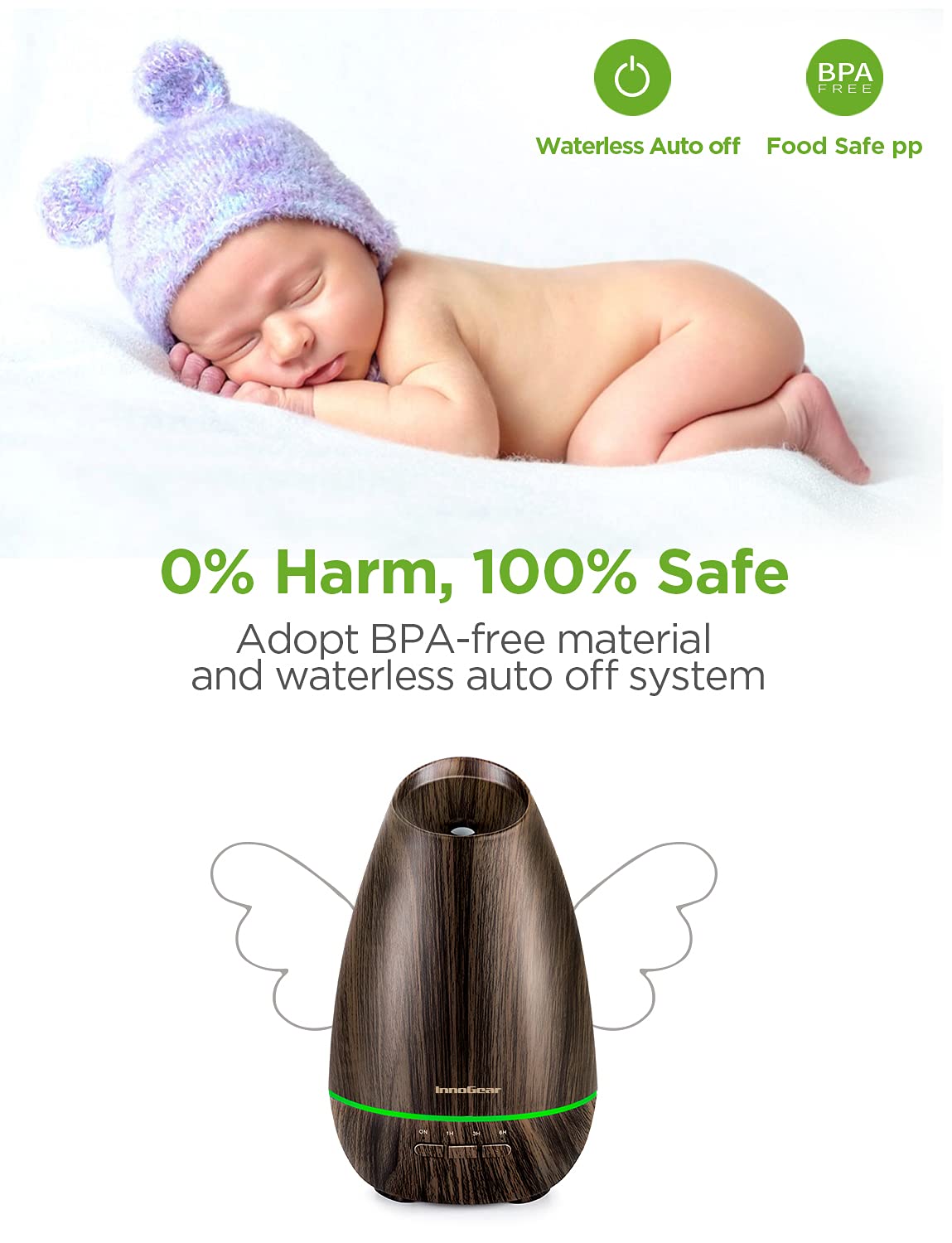 InnoGear 400ml Essential Oil Diffusers for Home Scent Humidifier, Brown | Adjustable Mist, Automatic Shut-Off, Cool Mist Humidifier, Ultrasonic, Large Room, Run up to 10hrs, Waterless Auto Off, Home