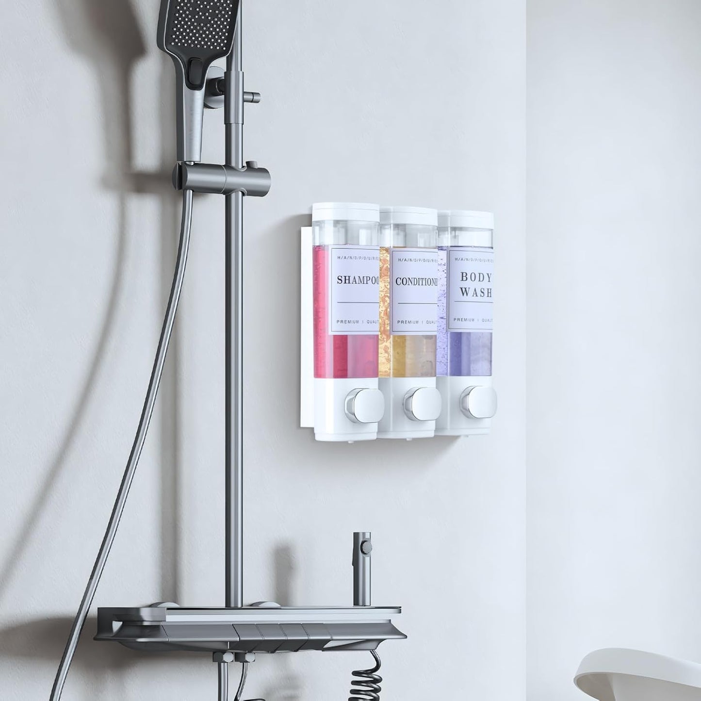 Cabo Deseado Shower Soap Dispenser Wall Mounted No Drill Shampoo Dispenser for Shower Wall Shampoo and Conditioner Dispenser Bathroom Hotel 3 * 350ml Gungray with Labels
