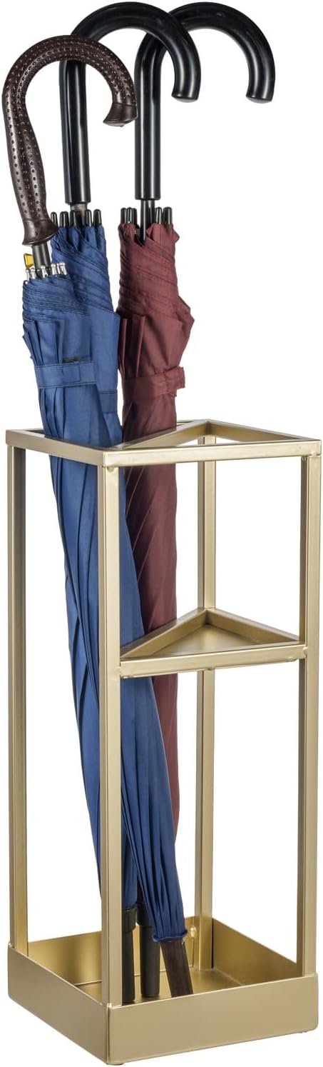 MyGift 20 Inch Brass Tone Metal Umbrella Stand with Drip Tray | Freestanding Rain Gear Storage - Long Short Umbrellas Canes Walking Sticks Entryway Lobby Office Floor Standing Drip Catcher