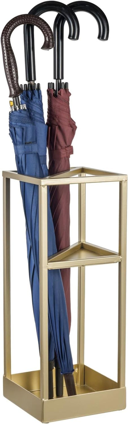 MyGift 20 Inch Brass Tone Metal Umbrella Stand with Drip Tray | Freestanding Rain Gear Storage - Long Short Umbrellas Canes Walking Sticks Entryway Lobby Office Floor Standing Drip Catcher