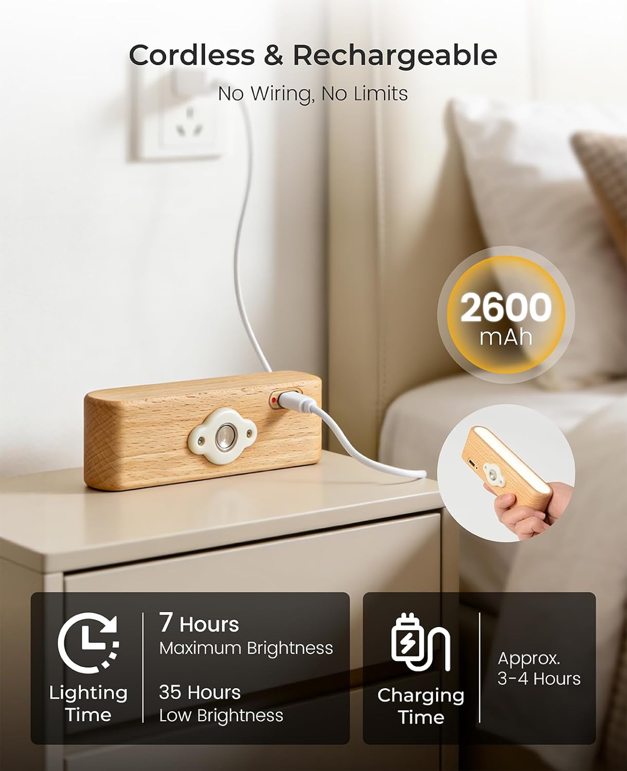 Rechargeable Wall Sconce, Reading Light for Bed, Magnetic Wood Lamp | Set of 2, Black Walnut, Touch Control, Adjustable Brightness, 4000K Nautral Light for Reading, Headboard Light, 360° Rotation