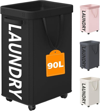 Optish Laundry Basket with Wheels, 90L Rolling Laundry Hamper with Wheels, Large Clothes Hamper on Wheel with Removable Mesh Bag for Bedroom, Dorm Room Essentials, Black