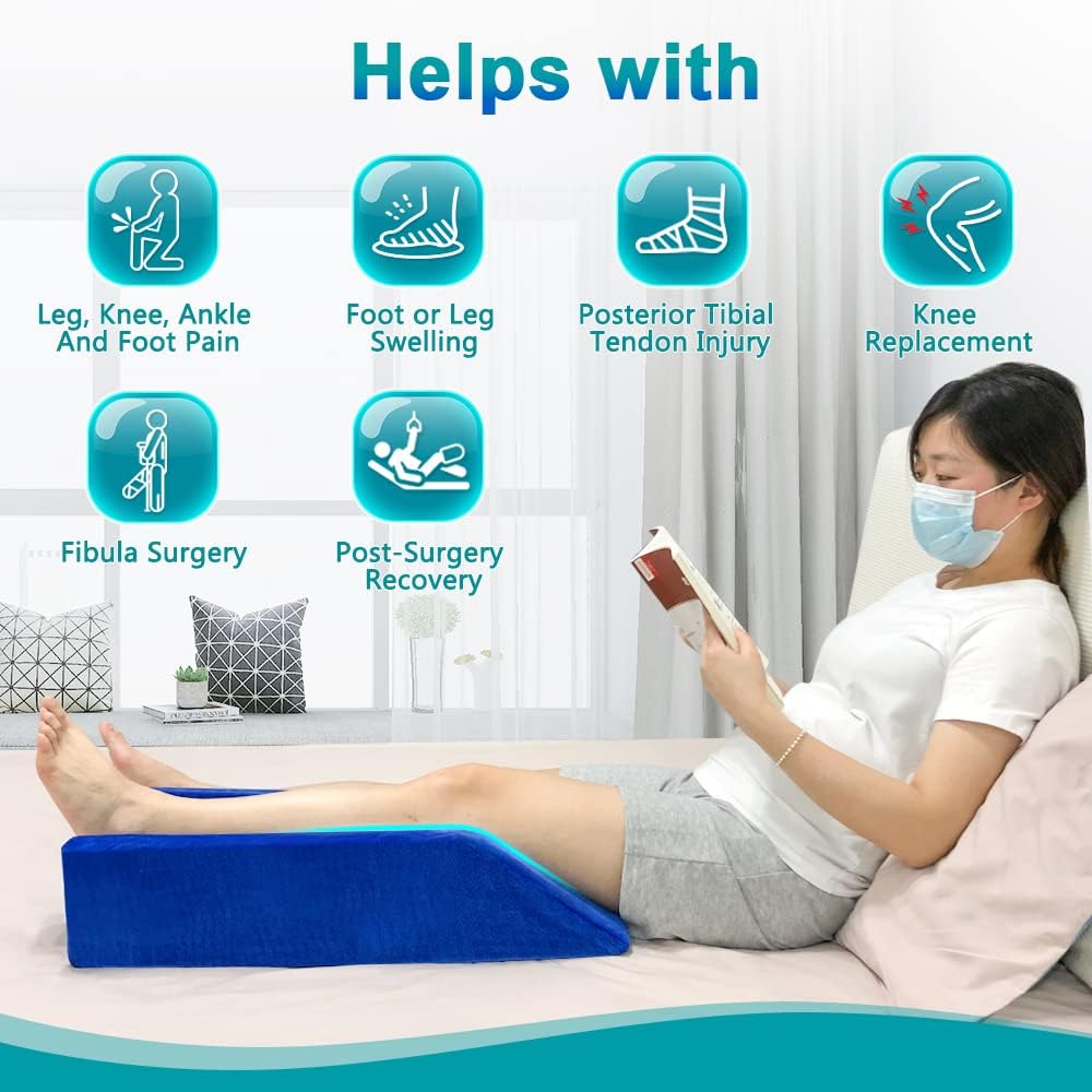 Leg Elevation Wedge Pillow Knee Leg Rest Pillow for Sleeping Post Surgery Knee Support Foam Bed Wedges Legs Bolster Foot Elevation After Surgery Pillow Positioning Wedge Cushion (Blue, 65cm Long)