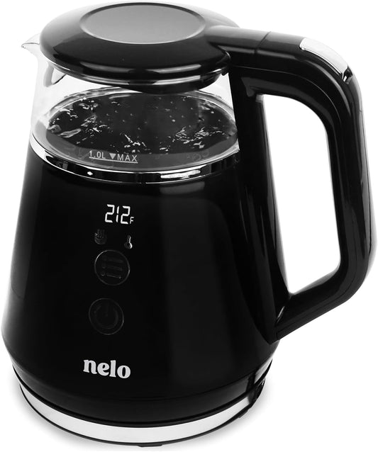 NELO Electric Kettle with 5 Temperature Control Presets, Large Digital Temperature Display, Multi-Colored LED Indicator Lights, Black Tea Kettle & Hot Water Boiler, 360° Base, BPA-Free, 1 Liter