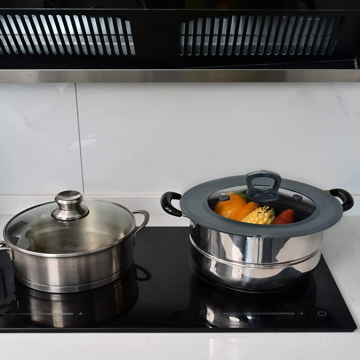 Vented Tempered Glass Universal Lid for Pot Pan Skillet with Heat Resistant Silicone Rim Microwave Splatter Lid Cover Microwave Safe Fit 11.5" 12" 12.5" Cookware, Dishwasher Safe Black