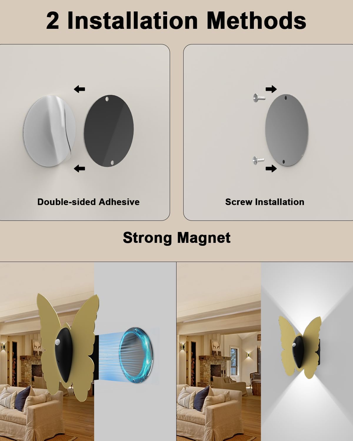 Eneru Motion Sensor Wall Sconce Set of 2, Rechargeable Wall Lights, Indoor