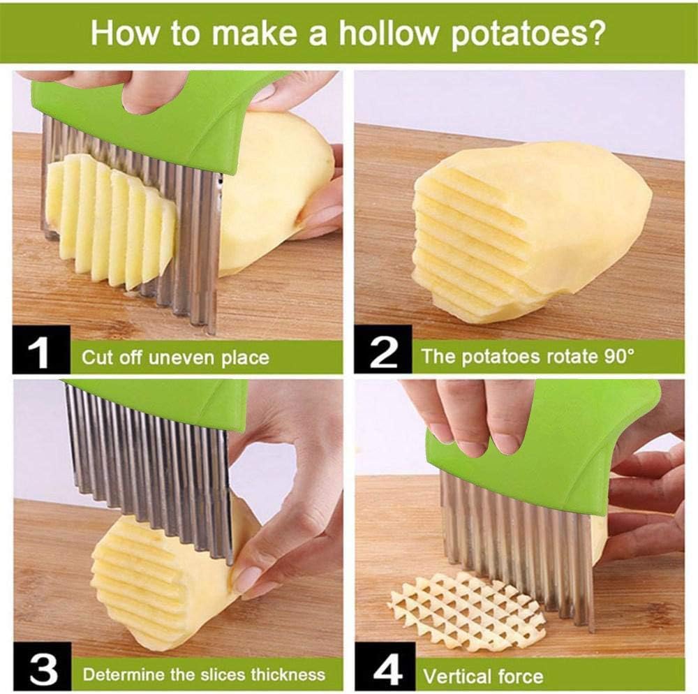 Crinkle Cut Knife set, 1 Fork Slicing Helper 3 Stainless Steel Crinkle Cutter, Fruit And Vegetable Wavy Chopper Knife, Potato Cutter Onion Cutter Fren