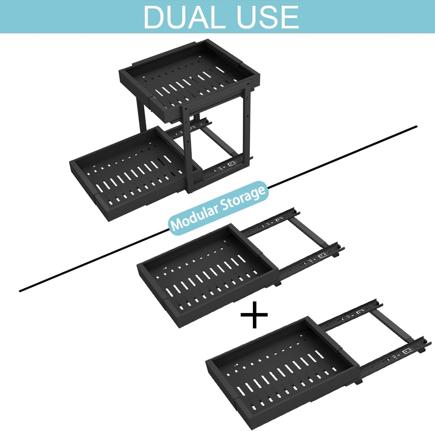 Golener 2-Tier Expandable Pull Out Cabinet Organizer, Cabinet Drawers, 16"D | Cabinet Pull Out shelves, Adjustable Pantry Drawers, Slide Out Drawers for Kitchen Cabinets, Under Sink Organizer, Black