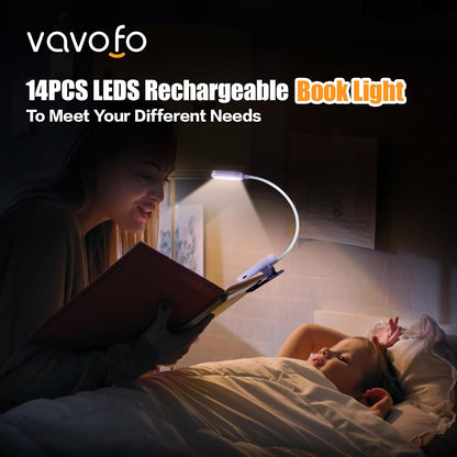 VAVOFO Rechargeable Book Light, 14 LEDs Eye Care Clip On Amber Reading Light for Bookworms Reading in Bed with 9 Colors 9 Brightness (Blue)