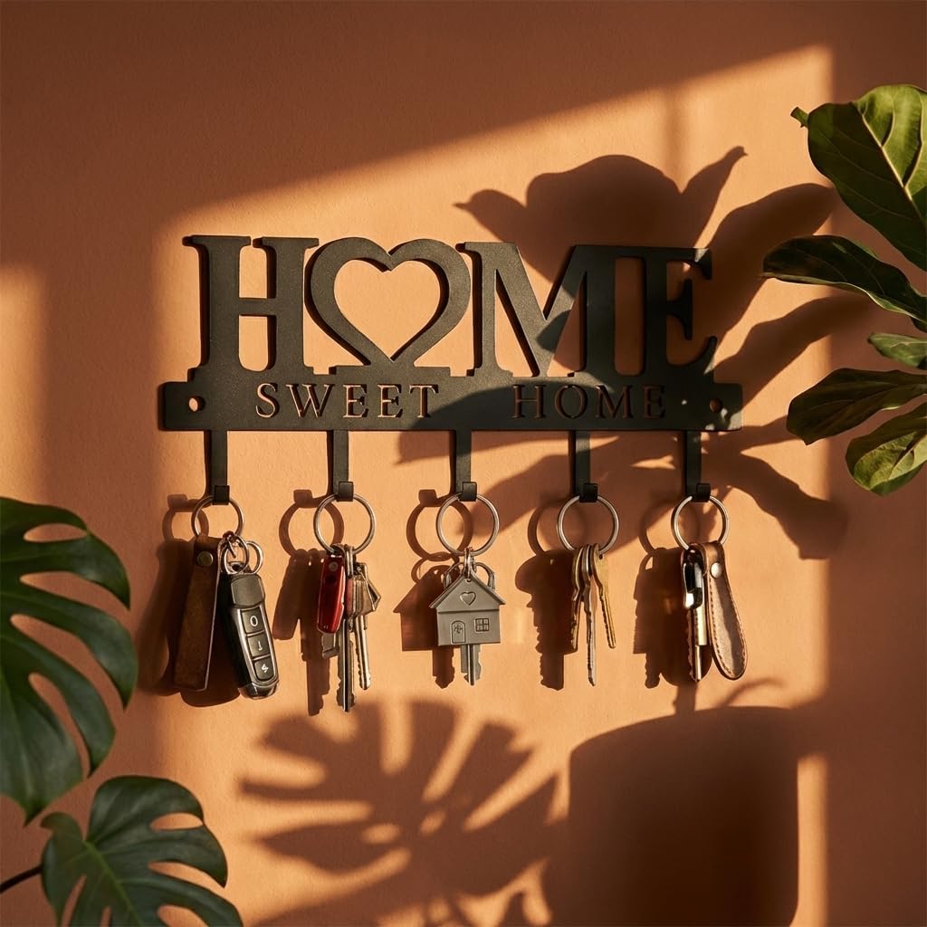 Key Holder Hooks Organizer Shelf Hanger Rack Wall Mounted Sweet Home Metal Decor Stylish and Practical for Entryway Front Door Kitchen Hallway Garage Mudroom Office Hardware Included Black