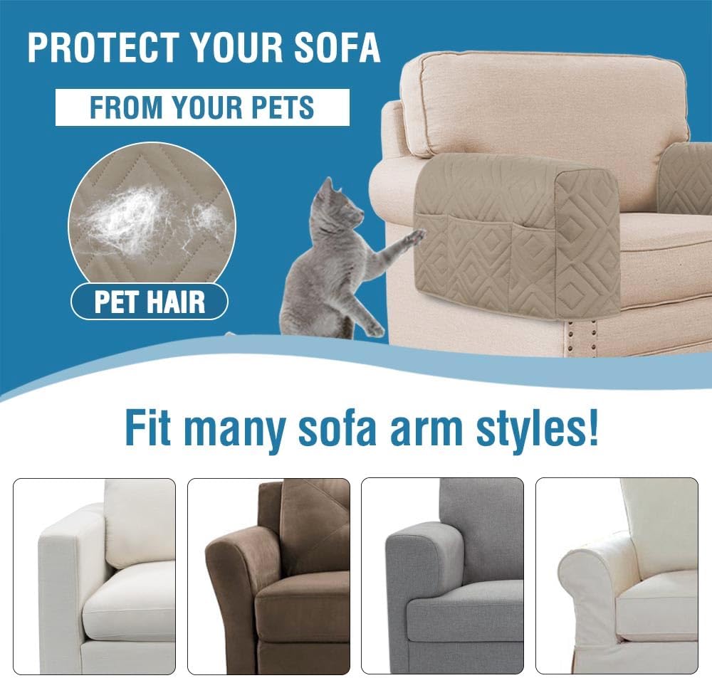 H.VERSAILTEX Water Resistant Armrest Covers for Sofa, 2 Pack, Ivory/Beige | Waterproof Armchair Caddy, Couch Arm Covers Remote Control Holder Sofa Armrest Organizer for Magazine, Tablet, Phone, iPad