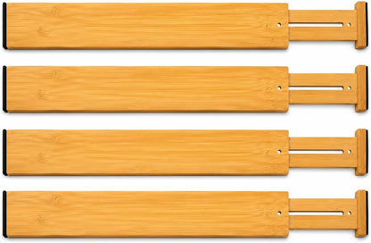 Bamboo Drawer Dividers, 16.5"-22" Adjustable Expandable Organizers, 4 Pack, Tension Mount, Slip Resistant, for Kitchen and Home