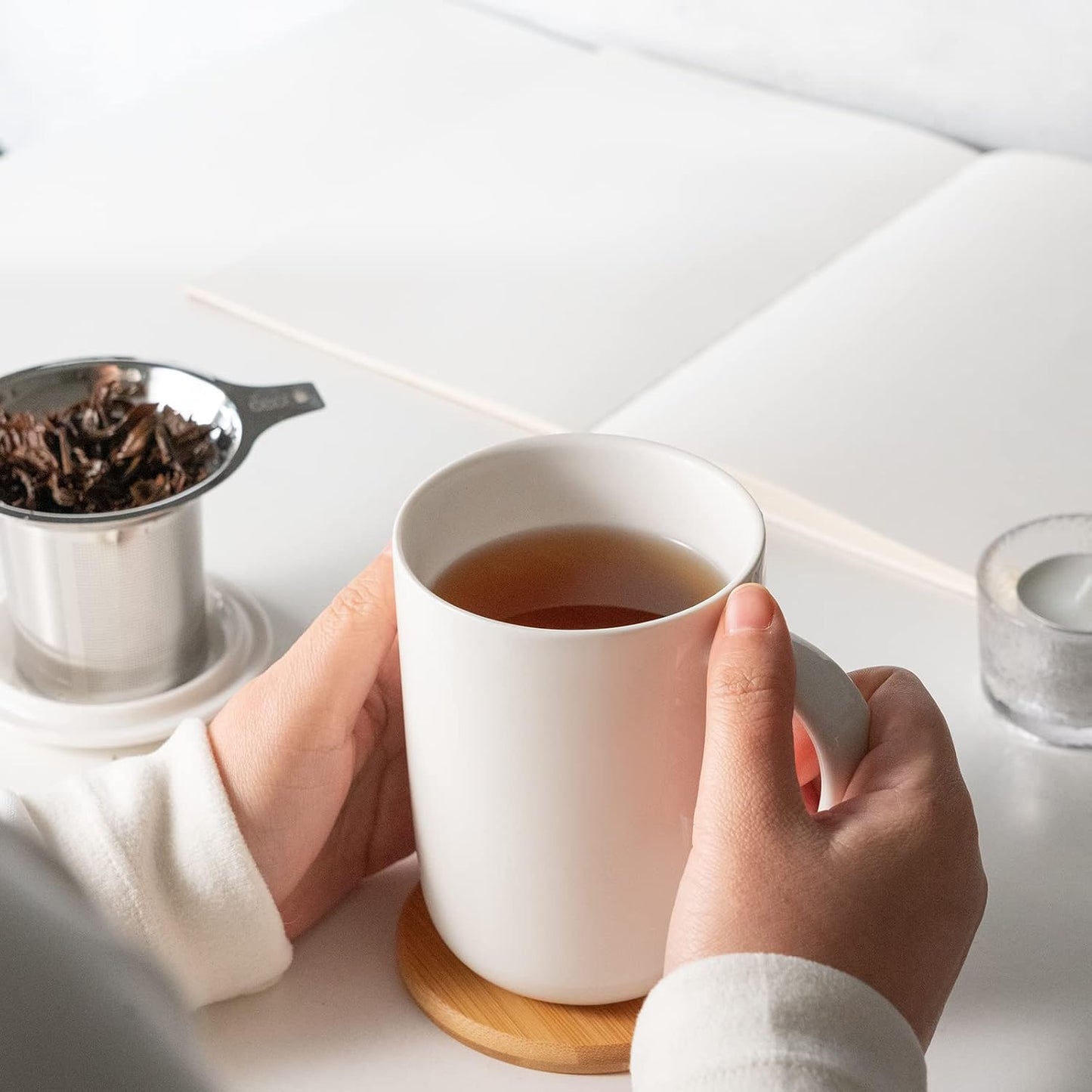 CEEFU 16oz Porcelain Tea Mug with Infuser, Lid and Coaster | Teaware with Filter, Loose Leaf Tea Cup Steeper Maker, Tea/Coffee/Milk/Women/Office/Home/Gift, Navy Blue