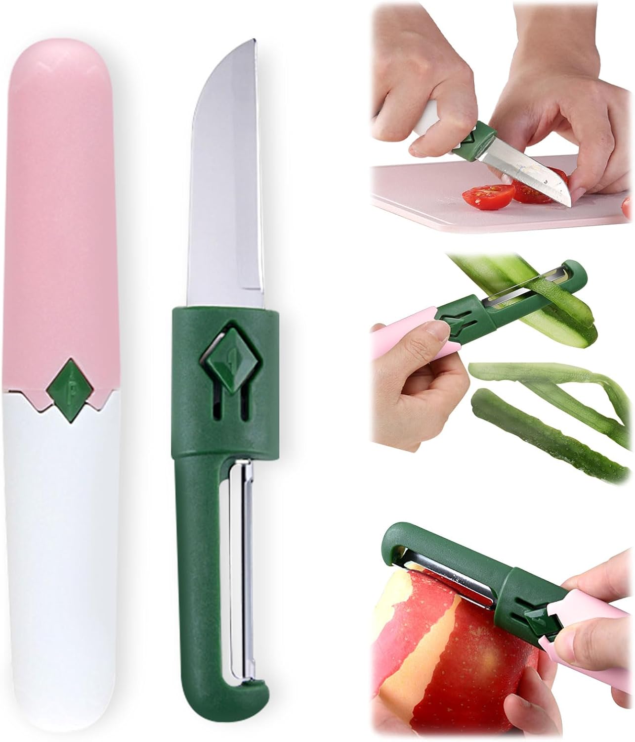 2 in 1 Paring Peeler Knife Multifunctional Stainless Steel Peeler,Creative Fruit and Vegetable Dual-Use Peeler Knife, Outdoor Portable Safety Cover Peeling Fruit Peeler, Kitchen gadgets (pink)