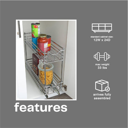 Household Essentials Glidez Multipurpose Chrome-Plated Steel Pull-Out/Slide-Out Storage Organizer for Cookware and Bakeware - 2-Tier Design - Fits Standard Size Cabinet or Shelf, Chrome