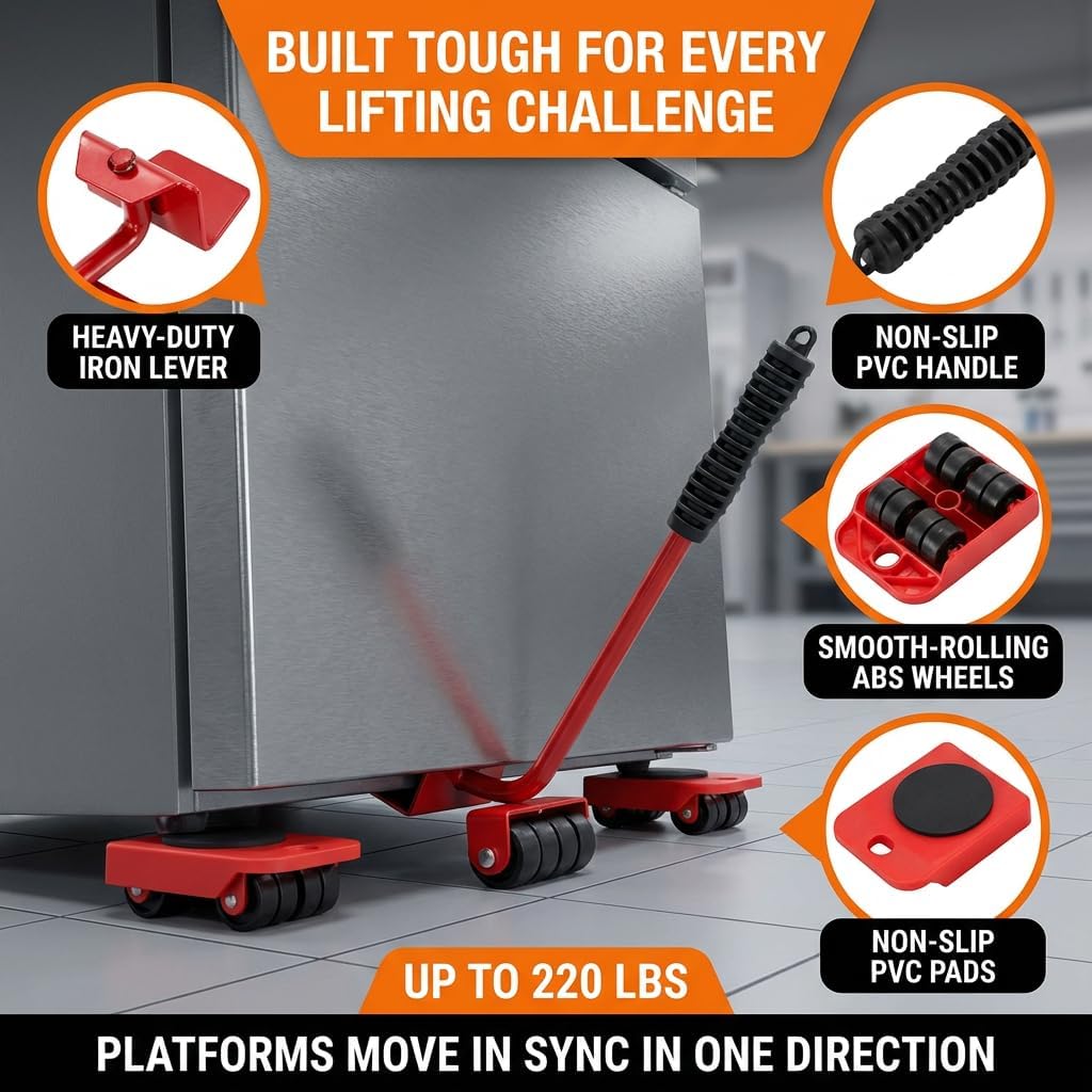 Furniture Lift Tool Set, Upgrade Furniture Movers Sliders Furniture Lifter Tool,Furniture Movers with Adjustable Height Lifting Tool Lever & 4 Wheels, Mover Dolly Sliders Tool (Red)