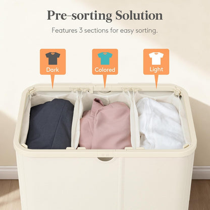 Lifewit 185L 3 Section Laundry Hamper with Lid, Laundry Basket, Beige | Large Foldable Laundry Sorter with 3 Removable Bags, Tall Clothes Hamper for Bedroom and Bathroom