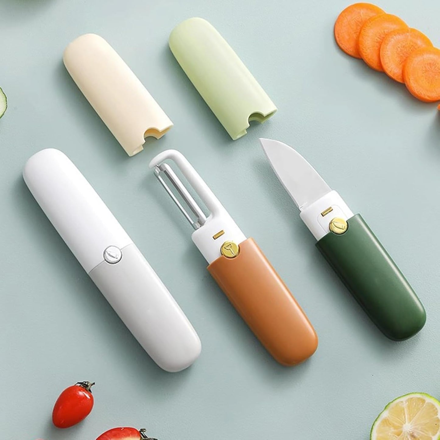 2 in 1 Vegetable Peeler and Knife Set, Double Head Peeling Knife Stainless Steel Potato Peeler with Safety Cover for Kitchen (Gray)