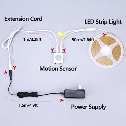 GOMING Motion Sensor COB LED Light Strip 16.4ft(5M) Cool White 6000K | 3 Lighting Modes 3 Timing Off Modes 3 Brightness Modes with Power Adapter for Kitchen Cabinets Stair Showcase Bedroom Bed